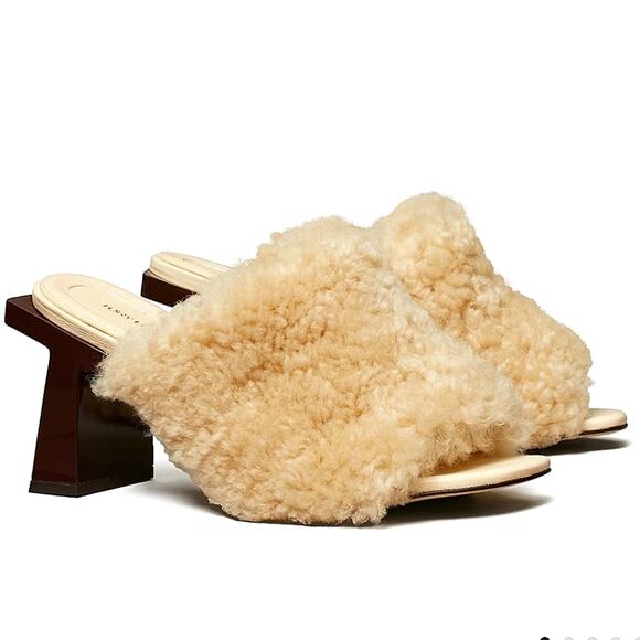 NWT$398 Tory Burch Block T 80mm Heel Shearling Heeled Mules Sandals Shoe Sz 5 - Picture 2 of 15